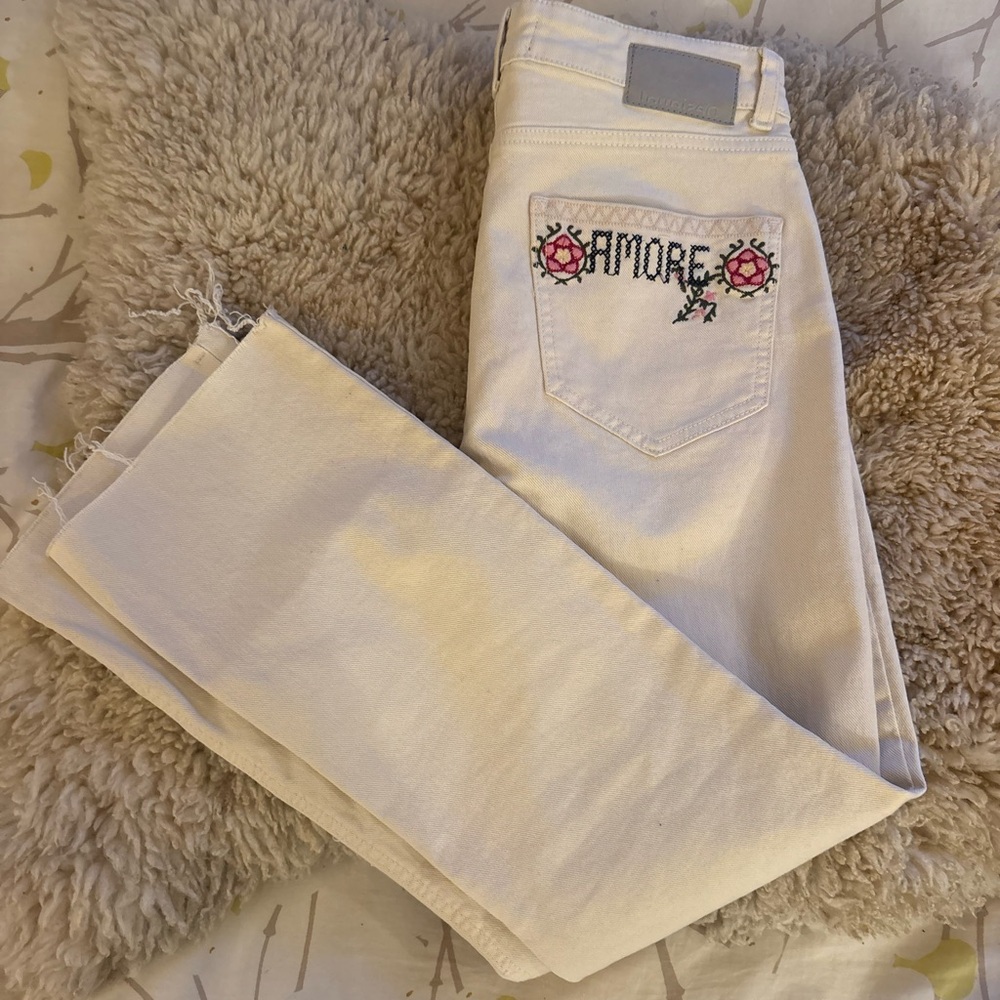 White Straight-Leg Jeans with Pink Floral Embroidery